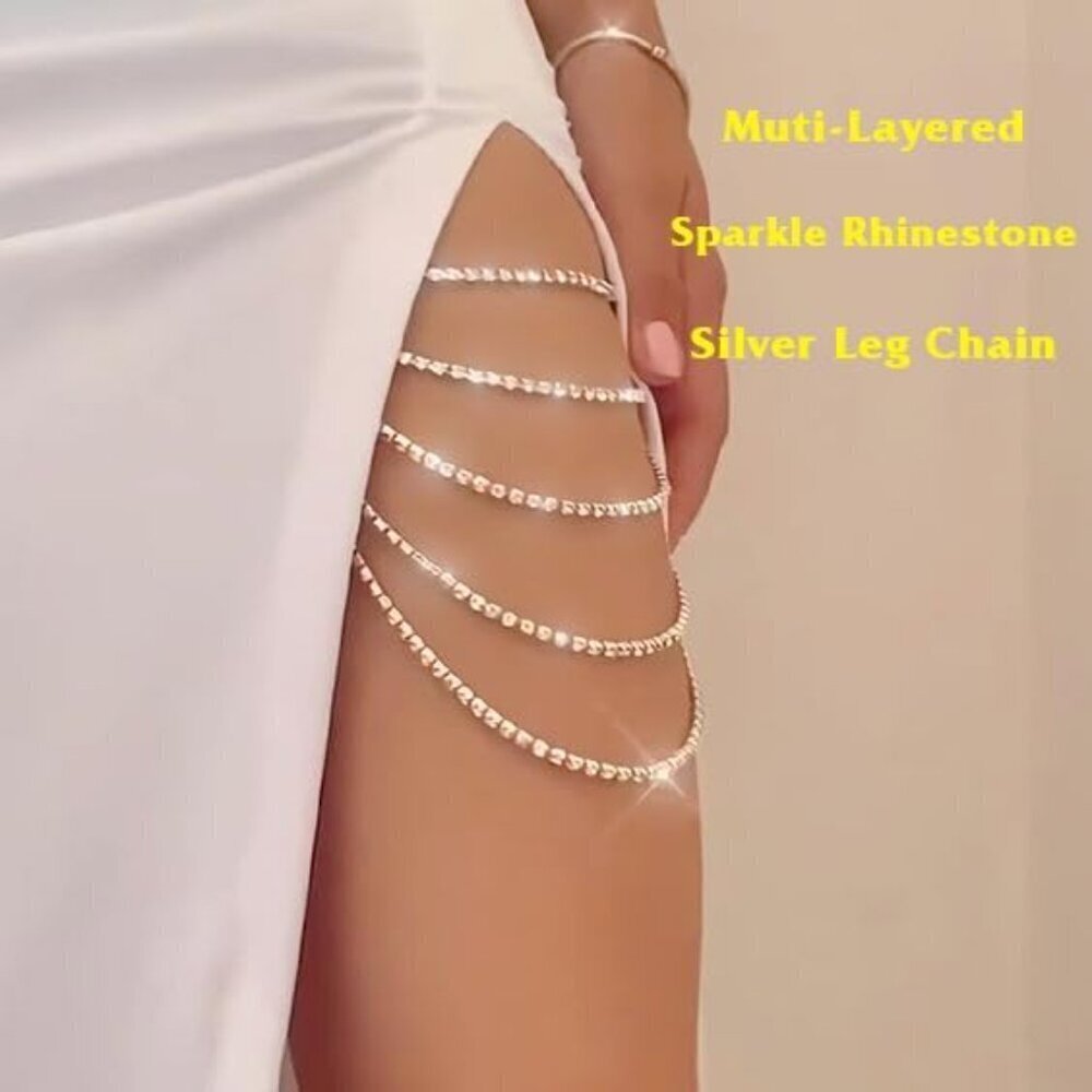 Leg Jewelry Rhinestone Body Chain for Women Thigh Rave Festival Beach Party - Picture 4 of 7